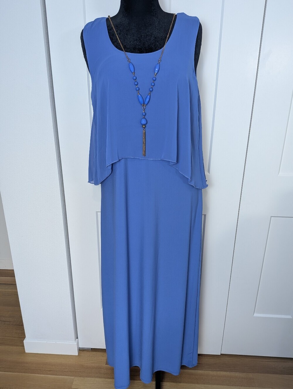 NWT Elie Mccarthy Blue Full Length Sleeveless Dress Layered Necklace Dress Sz XL